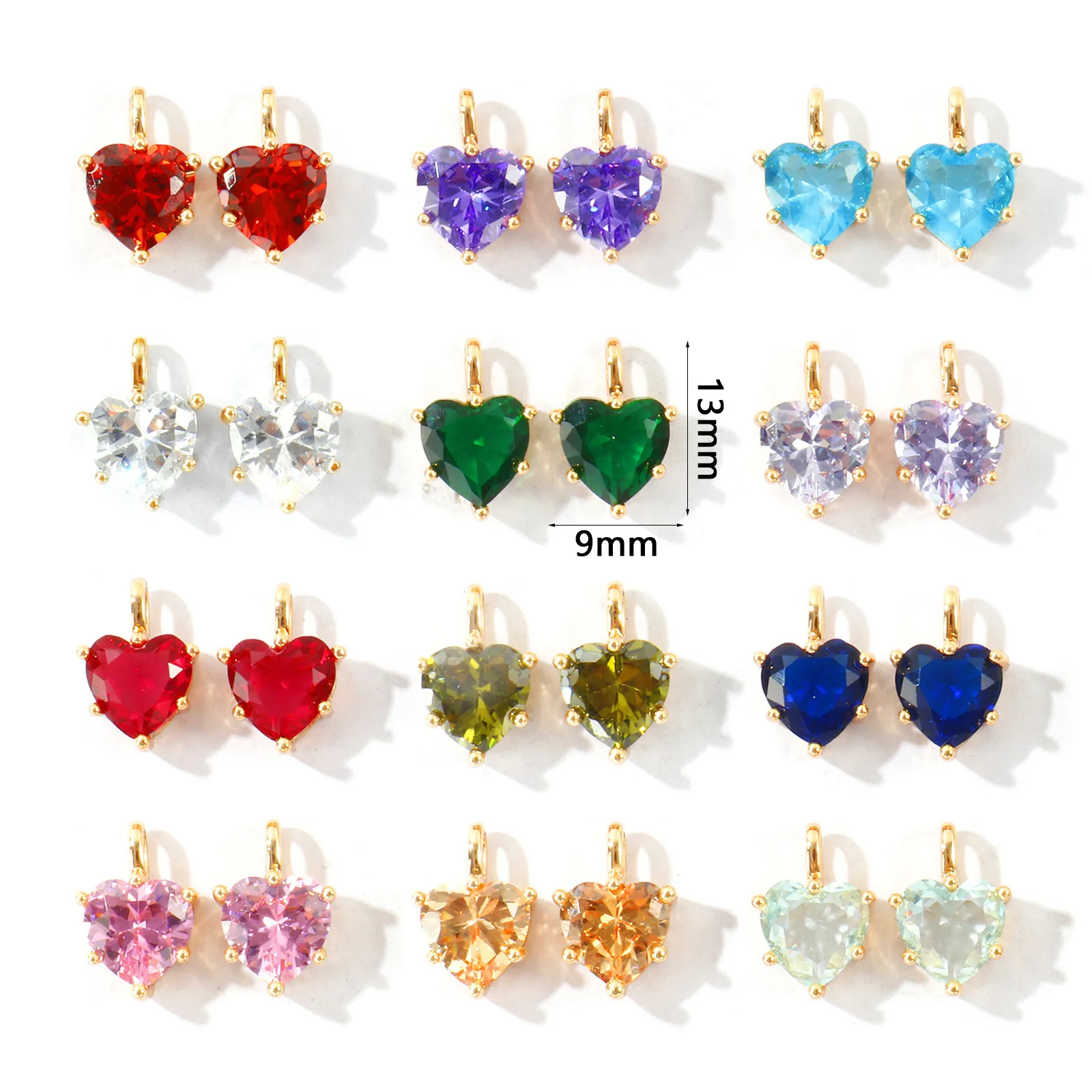 2 Stück Zirkonia-Charms zum Valentinstag, Geburtsstein-Charms, Herz, Messing, 18 Karat vergoldet, Anhänger für die Herstellung von DIY-Halsketten, 13 mm x 9 mm – Detail 2