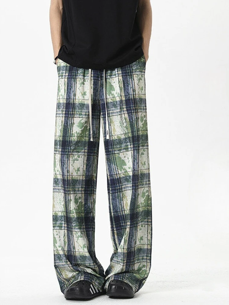 

Summer Thin Ice Silk Plaid Pants Men's Vintage American Dyed Wide Leg Loose Fit Straight Cut Casual Trousers Cool Sensation