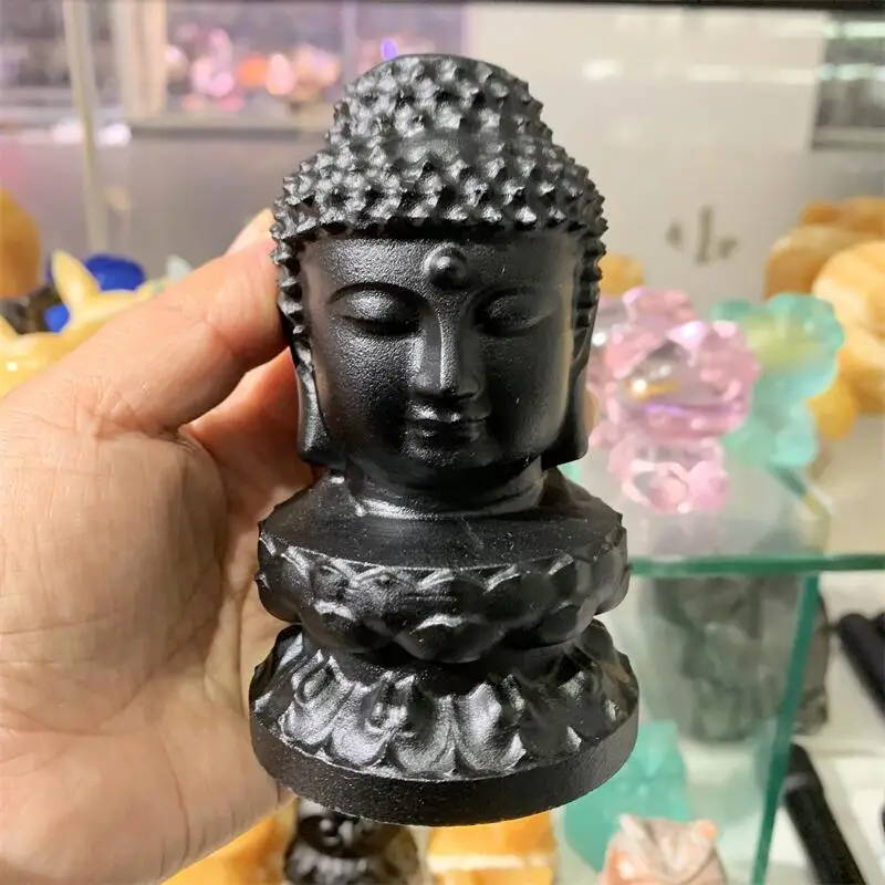 

12CM Natural Black Obsidian Buddha Head Crystal Handmade Carved Polished Powerful Statue For Home Decoration Gift 1pcs