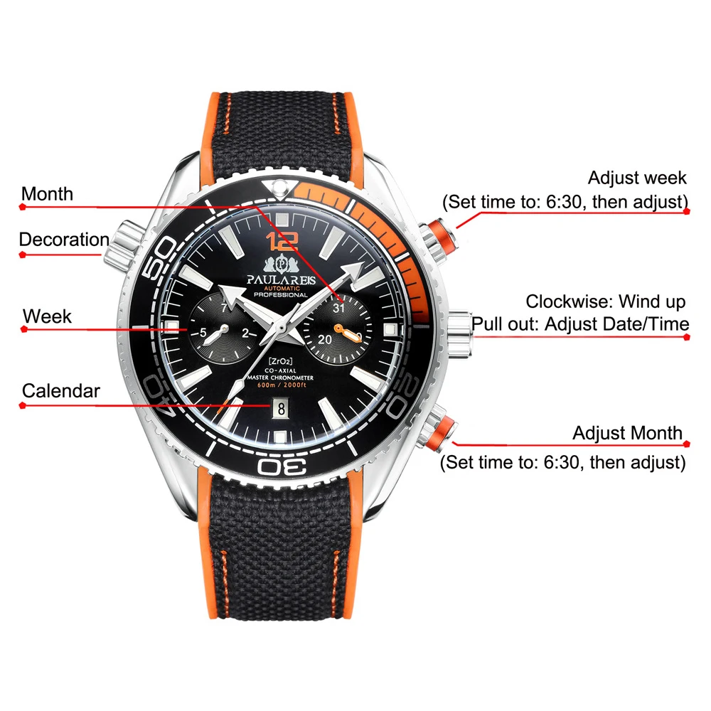 PAULAREIS New Sport Casual Alloy Men\'s Watches Luminous Automatic Mechanical Watches Orange Round Male Wristwatch