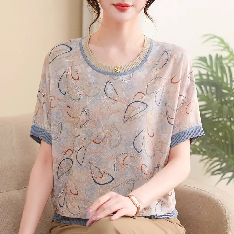 Comfortable Breathable Short Sleeve round Neck T-Shirt for Middle-Aged And Elderly Women Summer Fashion Mom Clothes Q294