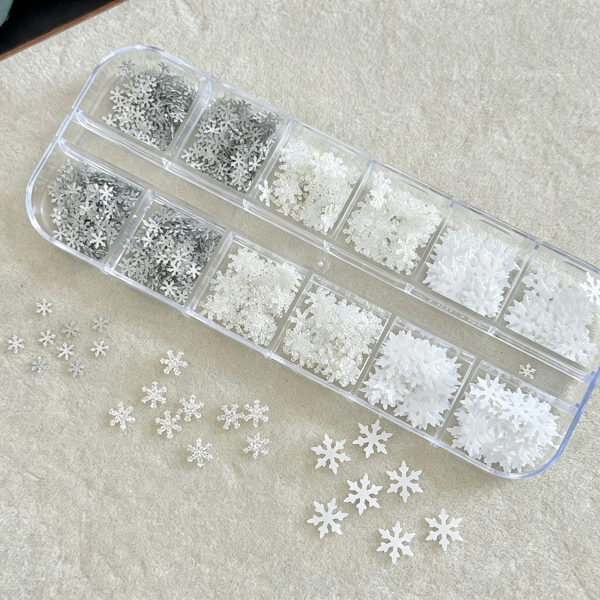 12grids 3D Christmas Snowflake Nail Glitter Sequins Sparkly White Silver Winter Snow Flake Nail Charms DIY Manicure Nail Supplie
