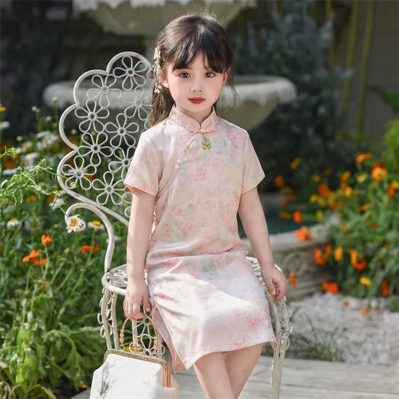

Girls' summer thin cheongsam2026New summer style baby dress for girls, trendy Chinese style, short-sleeved, mid-length dress for