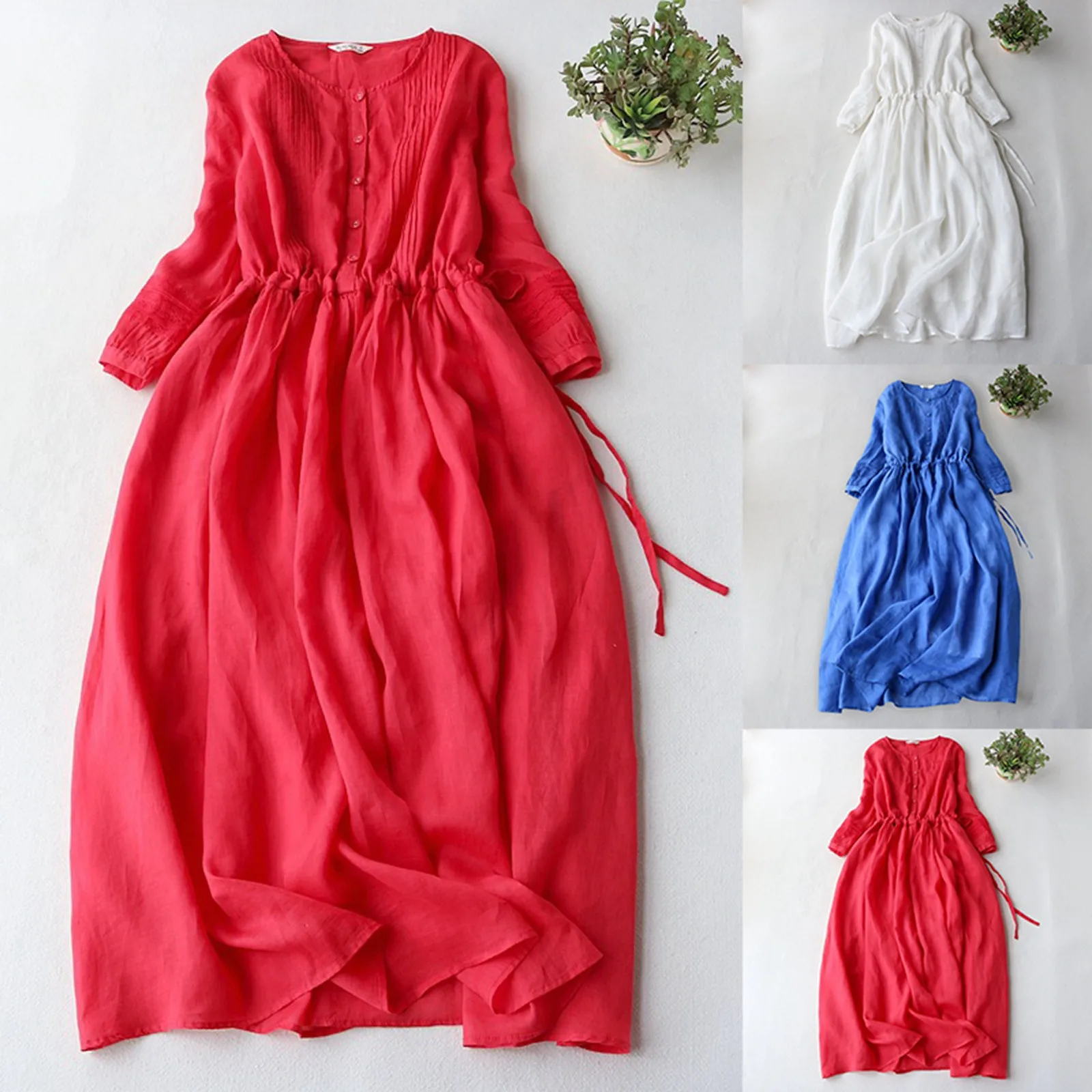 Elegant Women Solid Color A Line Dress Loose Fit Casual Cotton Linen Dresses Elastic Waist Buttons Up Lace Up Half Sleeve Dress