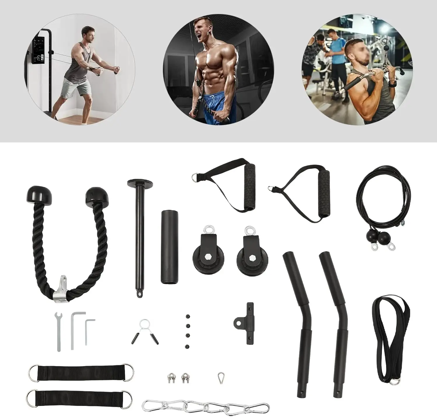 نظام بكرة الكابلات باللون الأسود شديد التحمل - سعة تحميل 264.55 رطلاً، بكرات نايلون صامتة ومقابض مضادة للانزلاق، تدريب متعدد العضلات #4