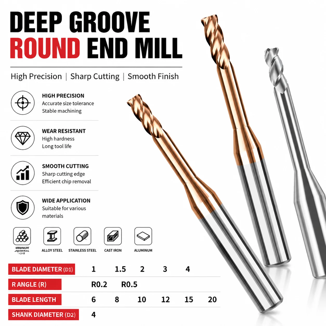 R0.2 R0.5 HRC58 4Flute Carbide Long Neck Round Nose Milling Cutter Deep Groove Round Endmill R Angle 0.2 0.5 Small Diameter Min