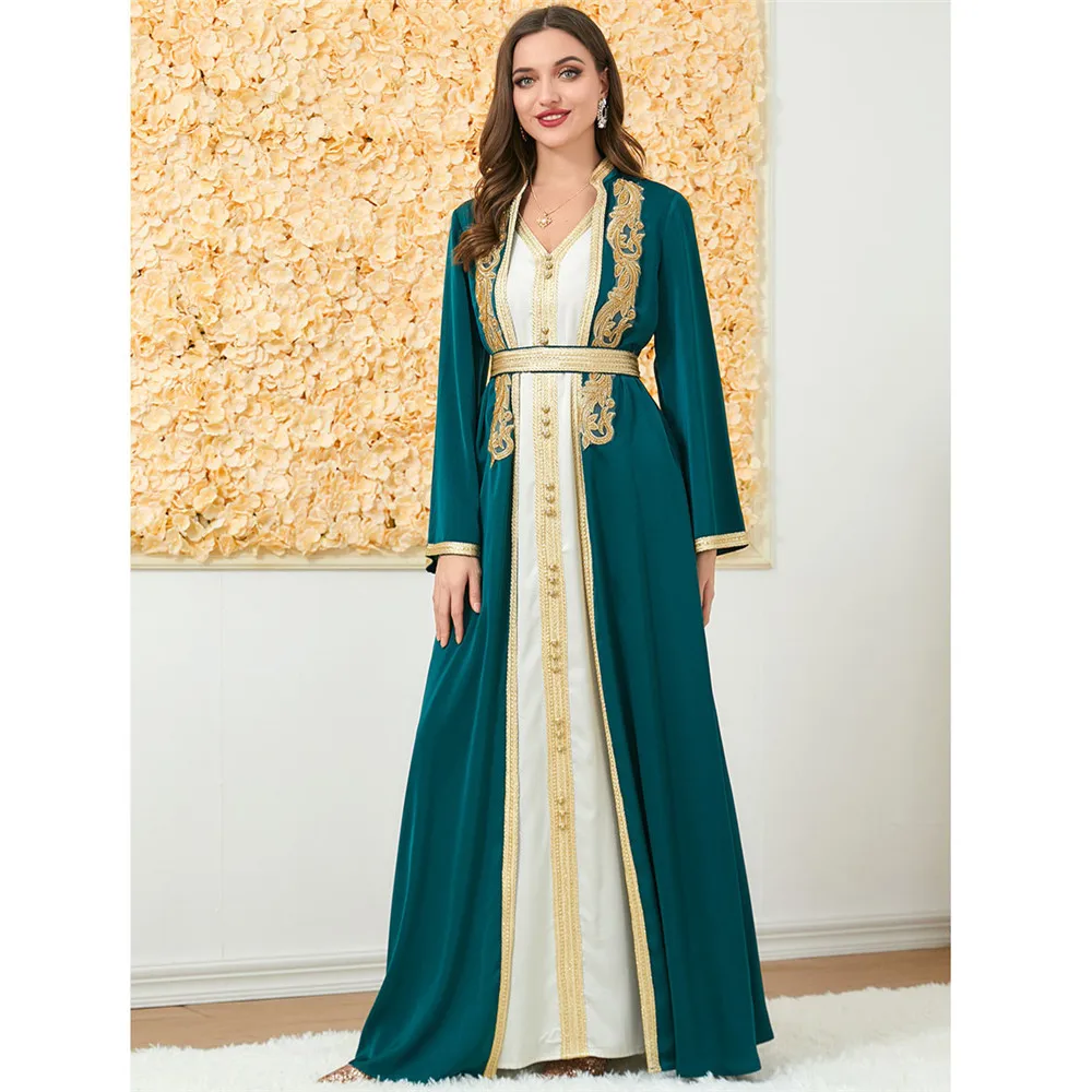 Elegant Women Embroidery Open Abayas 2 Piece Set Ramadan Maxi Dress Kimono Kaftan Dubai Islam Morocco Eid Party Outfits Vestidos