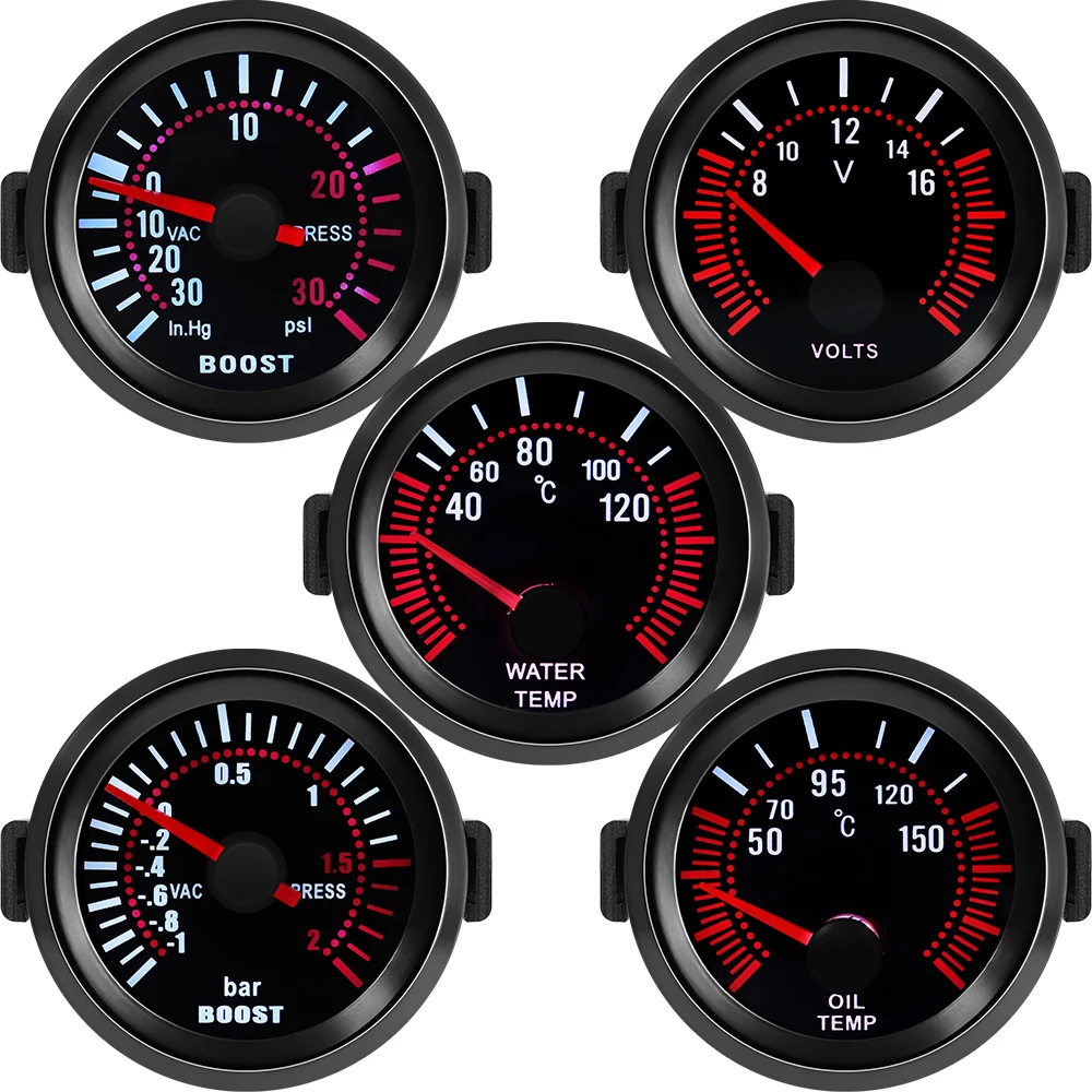 Tacómetro de 2 pulgadas (52 mm) / Medidor de temperatura del agua / Medidor de temperatura del aceite / Medidor de presión de sobrealimentación (Boost) PSI/Bar / Manómetro de presión de aceite / Vacuómetro de voltaje para coches de carreras de gasolina 12