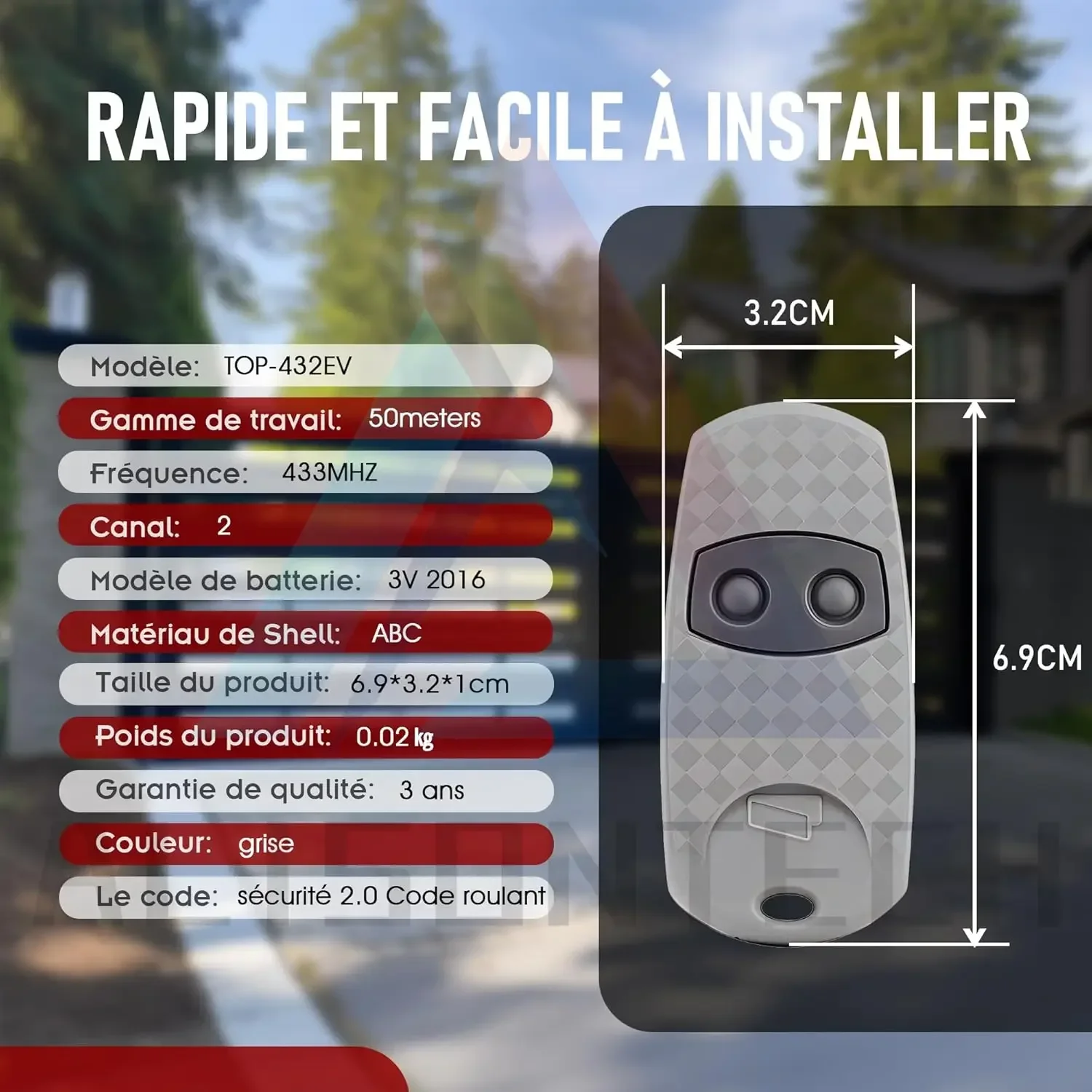 2 xTOP432-EV TELEcommande Motorisation Portail Porte de Garage 433,92 MHz 2 Canaux Garantie de 3 Ans