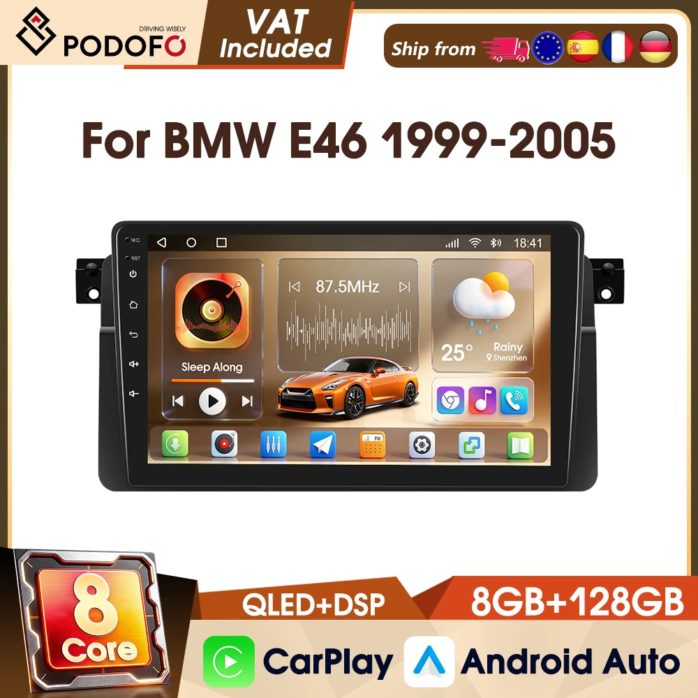 Podofo 9-Zoll Android 8 Core 8+128G Autoradio für BMW E46 1999-2005 Auto-Multimedia-Player mit kabellosem CarPlay ​   Android Auto DAB WIFI GPS FM RDS IPS-Bildschirm Intelligente Smart-Systeme