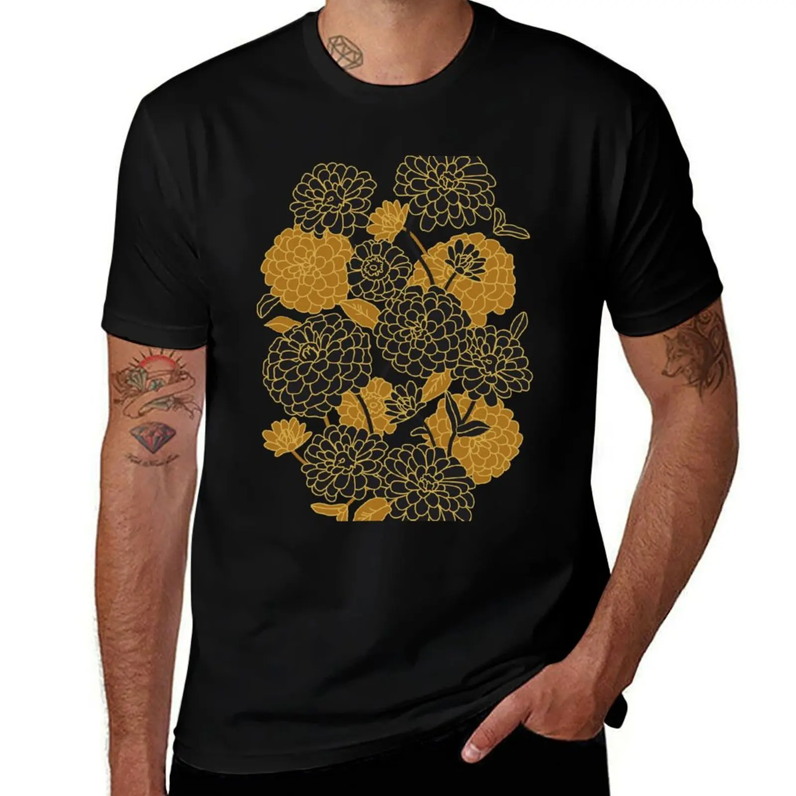 

Black and gold. Zinnia Flower Pattern T-Shirt Running Gym Short Sleeve Sports Tee