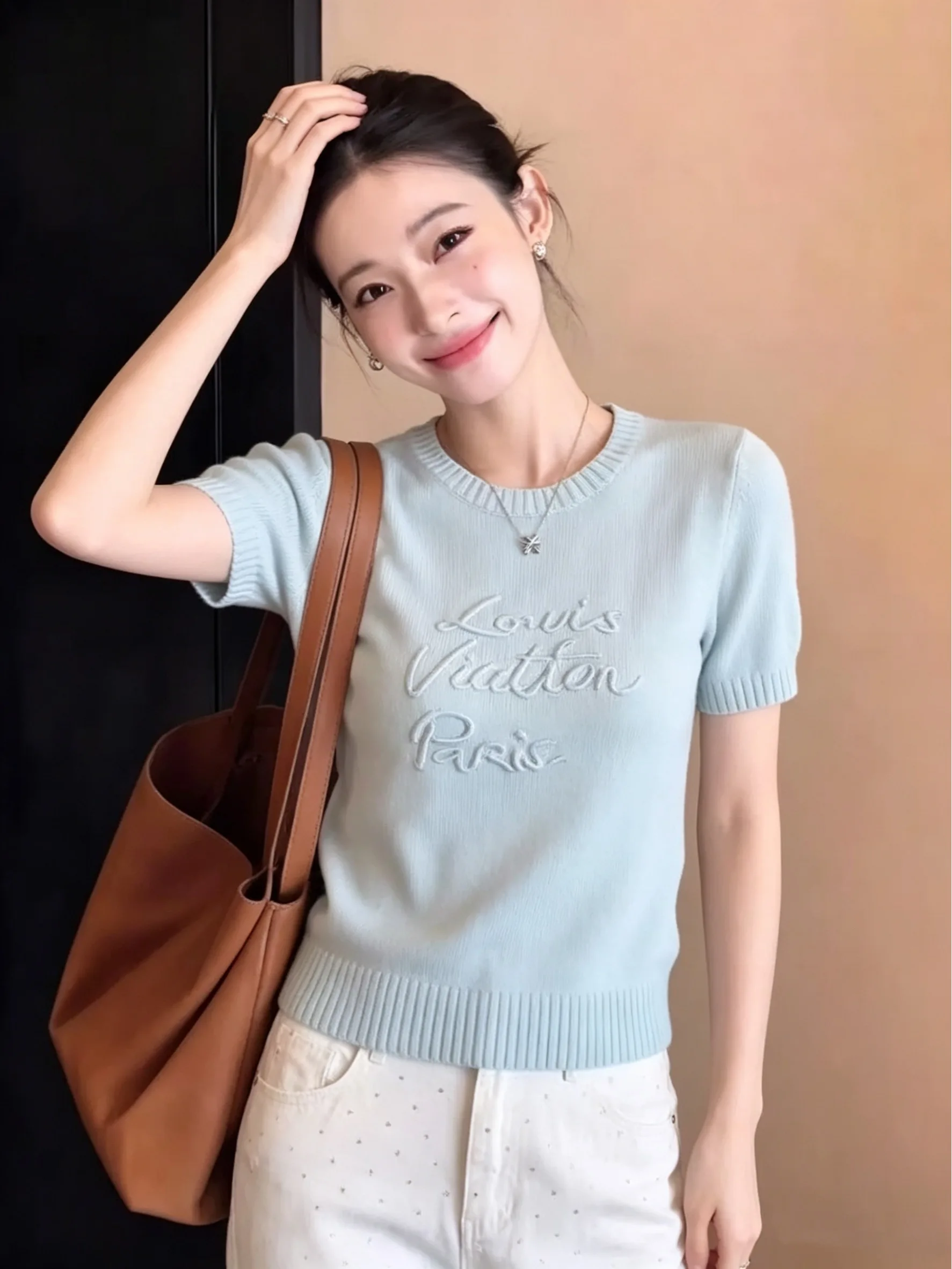 

Korean Style Letter Embroidery Short Sleeve T-Shirt Women's Summer New Slimming High-End Beautiful Top Quality Knitted