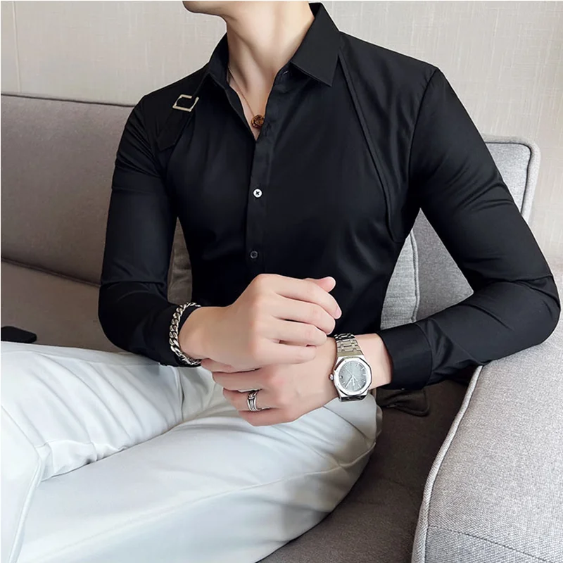 Strap Decorative Design Shirt Mens Clothing 2024 Korean Long Sleeved Slim Fit Casual Shirts Nightclub Prom Show Dress Shirt