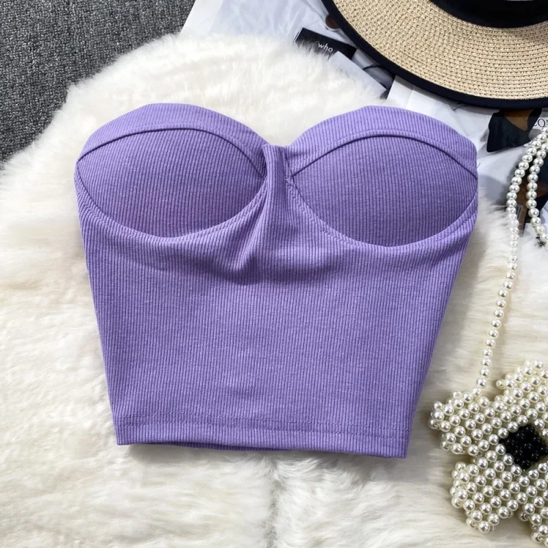 

Nice Women's Clothing Solid Color Tanks Camis Strapless Bra Vest Outerwear Sexy Spicy Short Navel Slim Fit Slimming Chest Pad To