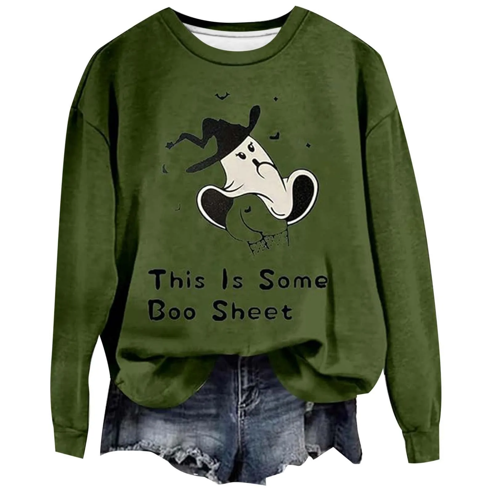 The Ghost'S Skirt Was Blown Up Fun Print Hoodies Halloween Women'S Crew Neck Sportswear Long Sleeve Hoodless Pullover Sweatshirt