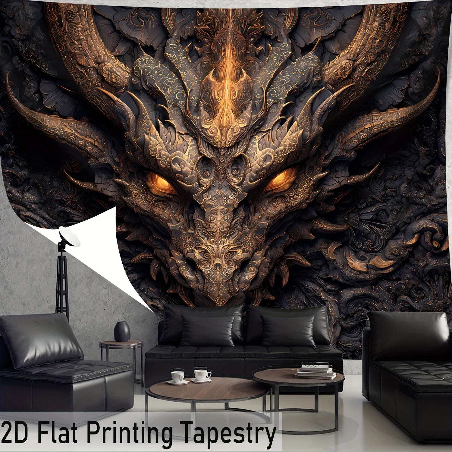 VIKAMA Dark Metal Wind Carving Dragon Tapestry Black Gold Retro Dragon Pattern Retro Style Vintage Decor Bohemian
