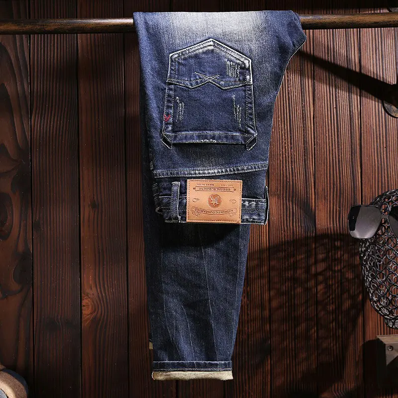 Street Fashion Men Jeans Retro Washed Blue High Quality Stretch Slim Fit Ripped Jeans Men Vintage Designer Denim Pants Hombre
