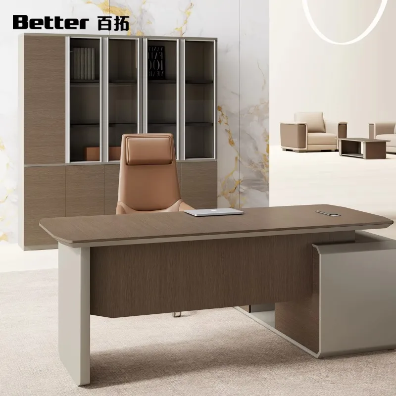 Modern Ergonomic Durable Executive Office Desk with Luxury Boss Design Integrated Side Cabinet Cable Management Easy Assembly