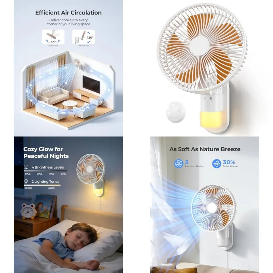 

10'' Small Wall Mount Fan with Light and Remote Control, 90°Oscillating, 4 Speeds, Timer, Included 120° Adjustable Tilt, High V