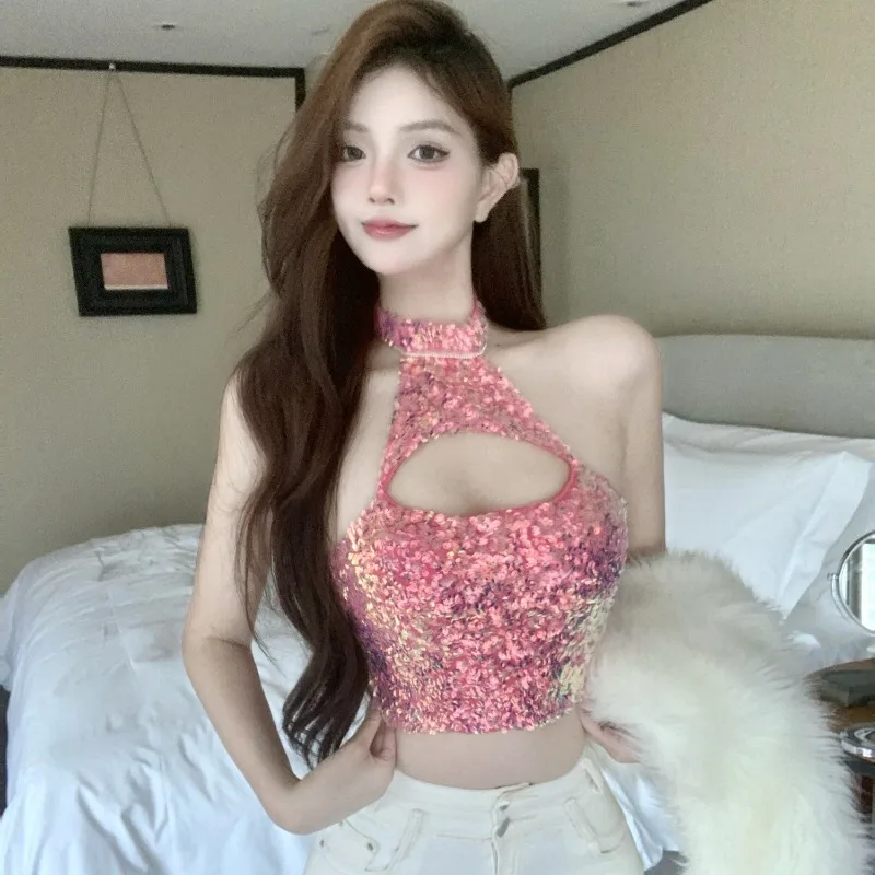 

MiiiiX Sexy Hot Girl Sequin Splicing Halter Tank Hollow Design Short Vest Slim Sleeveless Crop Top 2024 Summer Women's Clothes