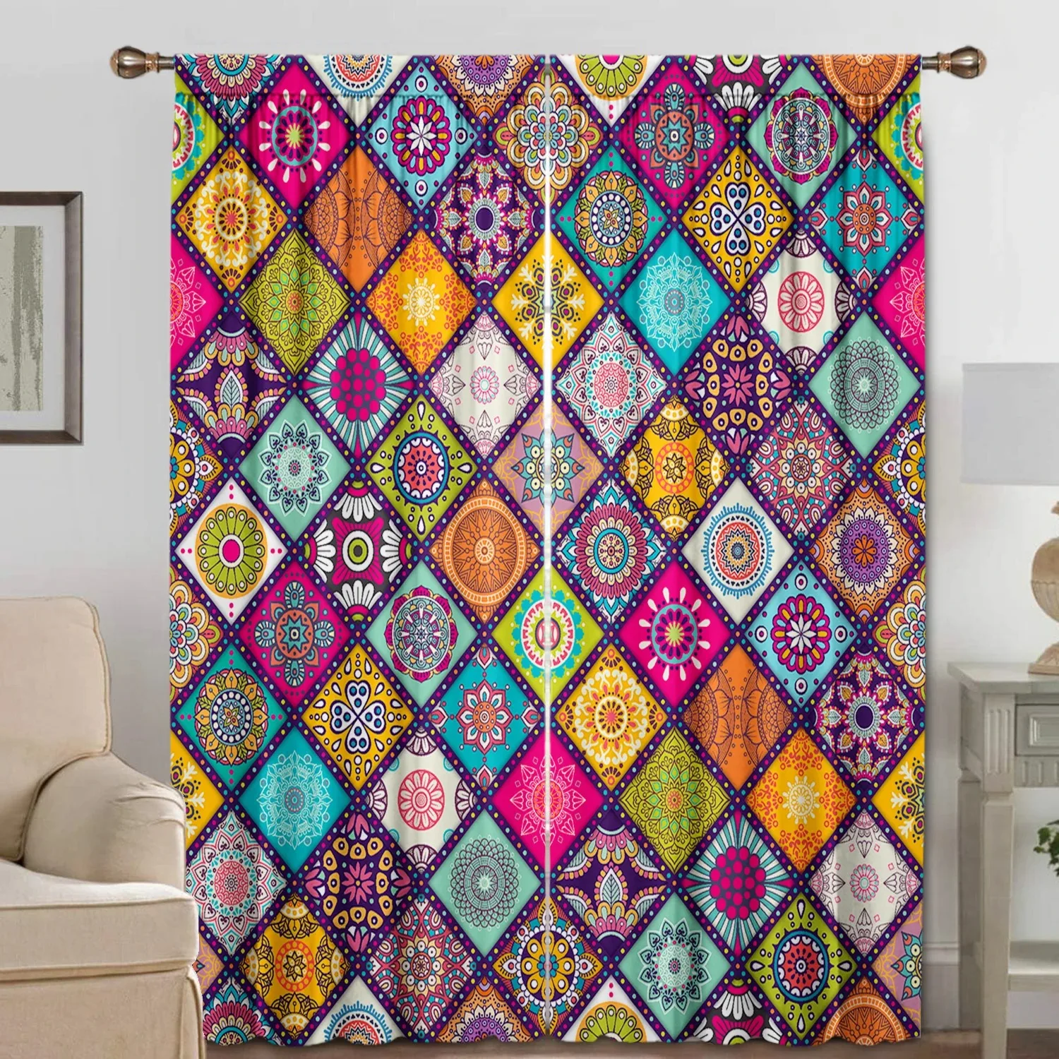 Home Decoration Curtains With Colorful Geometric Patterns And Rod Pockets,Coffee Shop,Bedroom, Living Room, Balcony, Garde