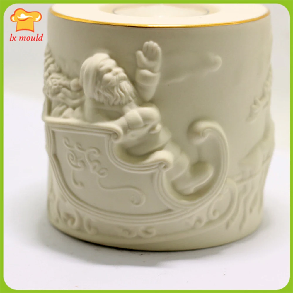 Christmas Cylindrical Relief Candle Molds Santa Sleigh Elk Relief 3D Holiday Decorations Candles Tools  Christmas Candles Mould