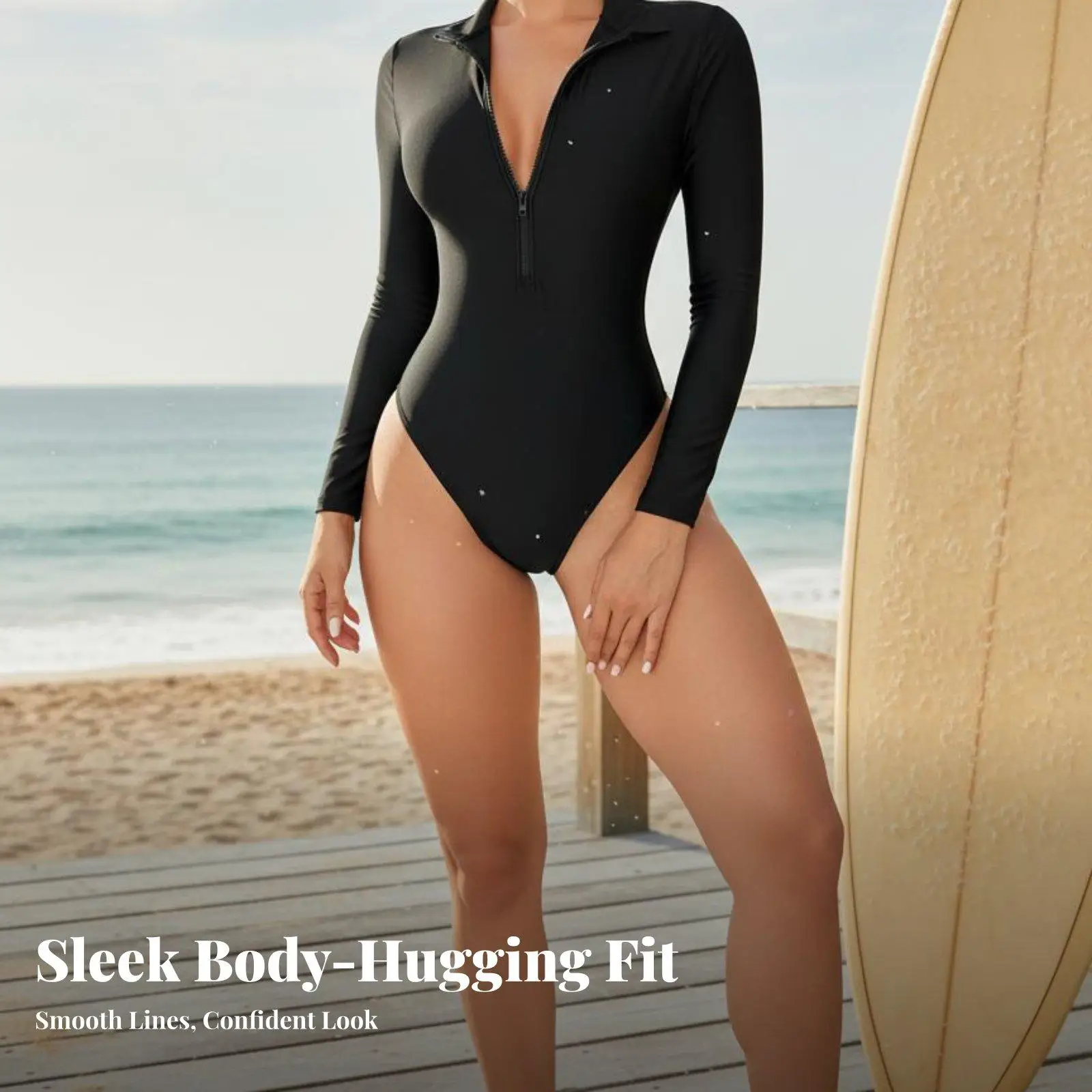 Zip Up Long Sleeve Swimsuit for Women Modest One Piece Surf Suit Rash Guard Swimwear