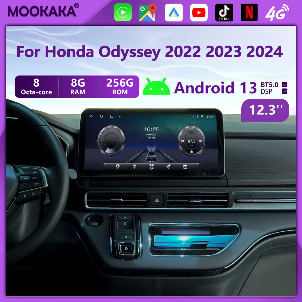 Rádio de Carro Android 13 de 12.3'' para Honda Odyssey 2022 2023 2024, Reprodutor de Vídeo Multimídia, Navegação GPS, Carplay, Unidade de Estéreo Automotivo