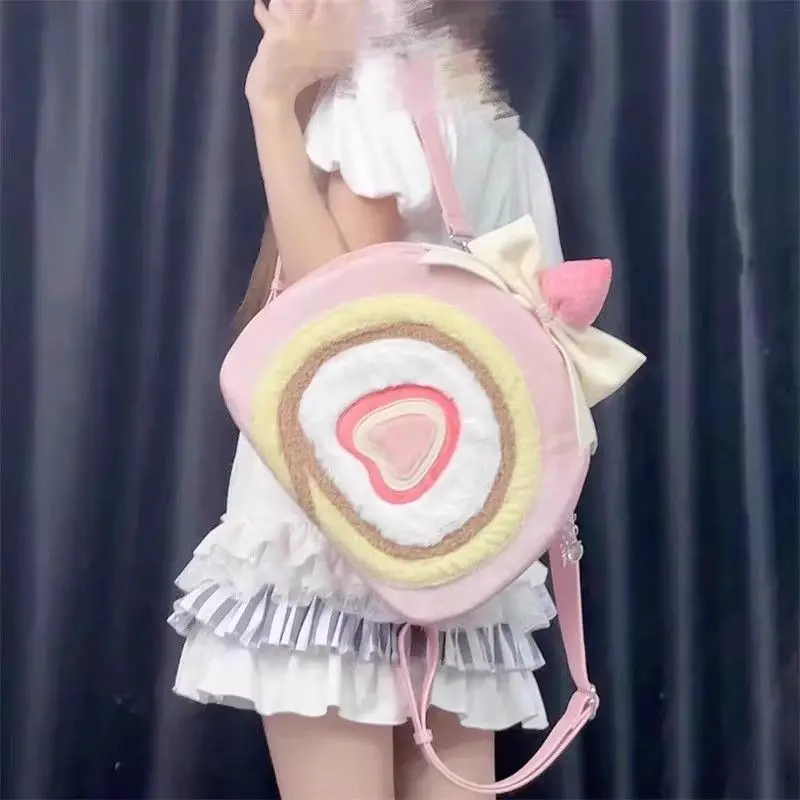 Japanese Plush Strawberry Egg Roll Women's Crossbody Bags Lolita Bag Sweet Cute Backpack Girl Large Capacity Bow Backpack female