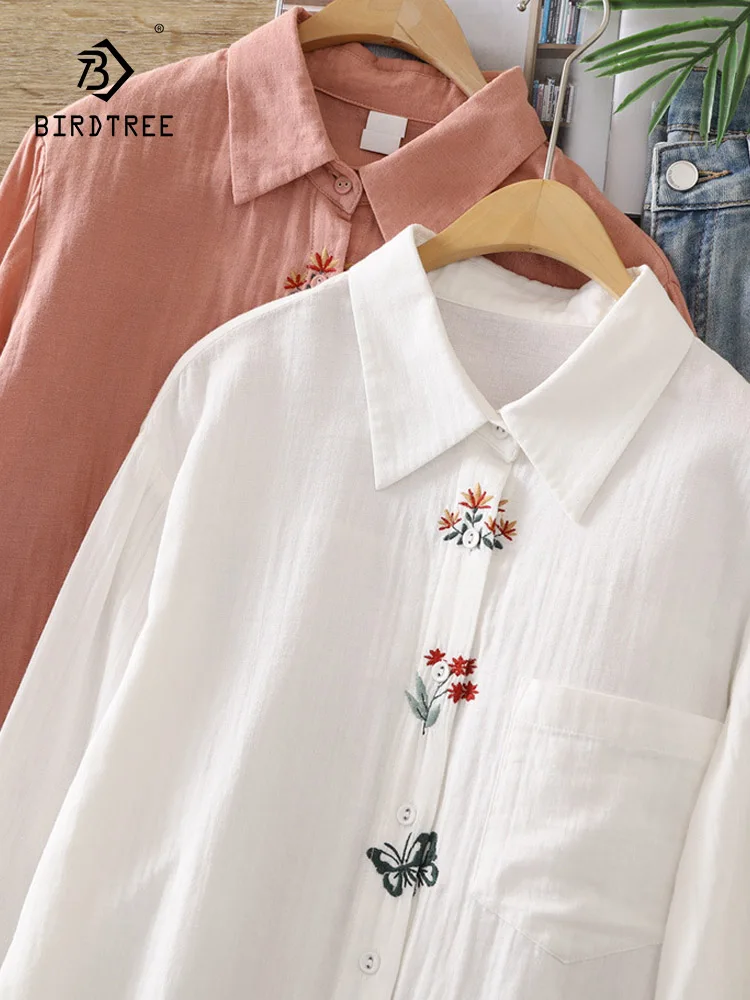 New Spring Cotton Yarn Long Sleeve Shirt, Women Lapel Butterfly Embroidery Top, Mori Girl Vintage Loose Blouse, 2025 T4D919CC