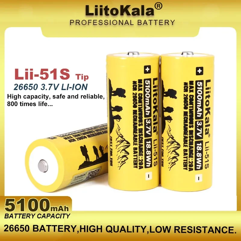 1-5PCS Liitokala LII-51S+Tip 26650 20A 3.7V Power Rechargeable Lithium Battery 26650A 5100mA Suitable For Flashlight (NO PCB)