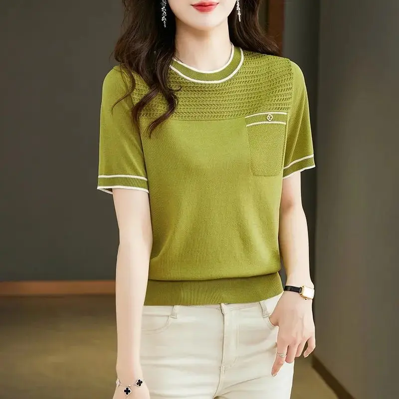 Ice Silk Short Sleeve T-shirt for Women in Summer New Thin Hollow Out Solid All-match Office Tops Tees Elegant Fashion Clothing