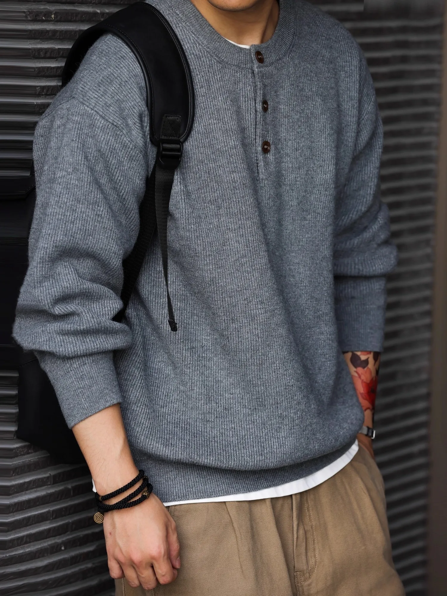 

Men's Large Size American Retro Heavyweight Henry Collar Knitwear Winter Warm Vertical Line High Aosphere Knitted Top