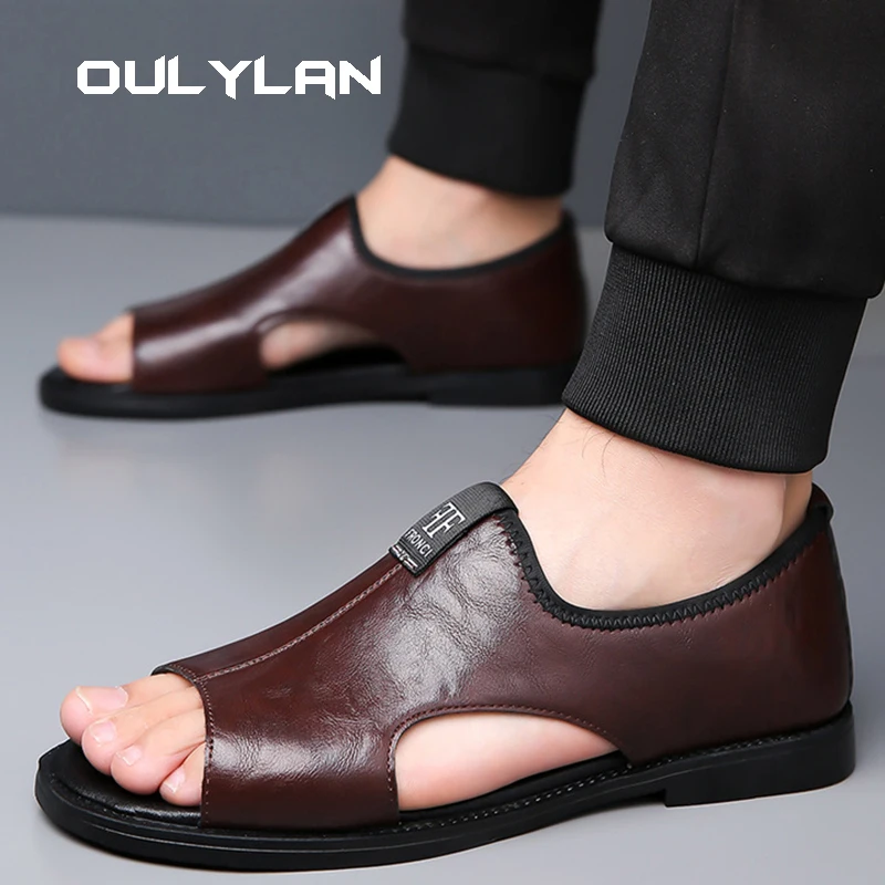 2024 Summer Hollow Leather Shoes Men's Casual Sandals Breathable Hole Shoes Sandals Men Shoes Sandals