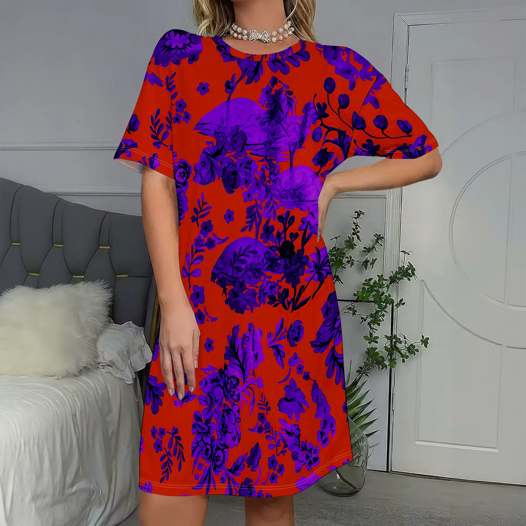 

Vibrant Red Purple Floral T-Shirt Dress, Short Sleeve Mini Dress for Women, Casual Summer Wear, S-2XL
