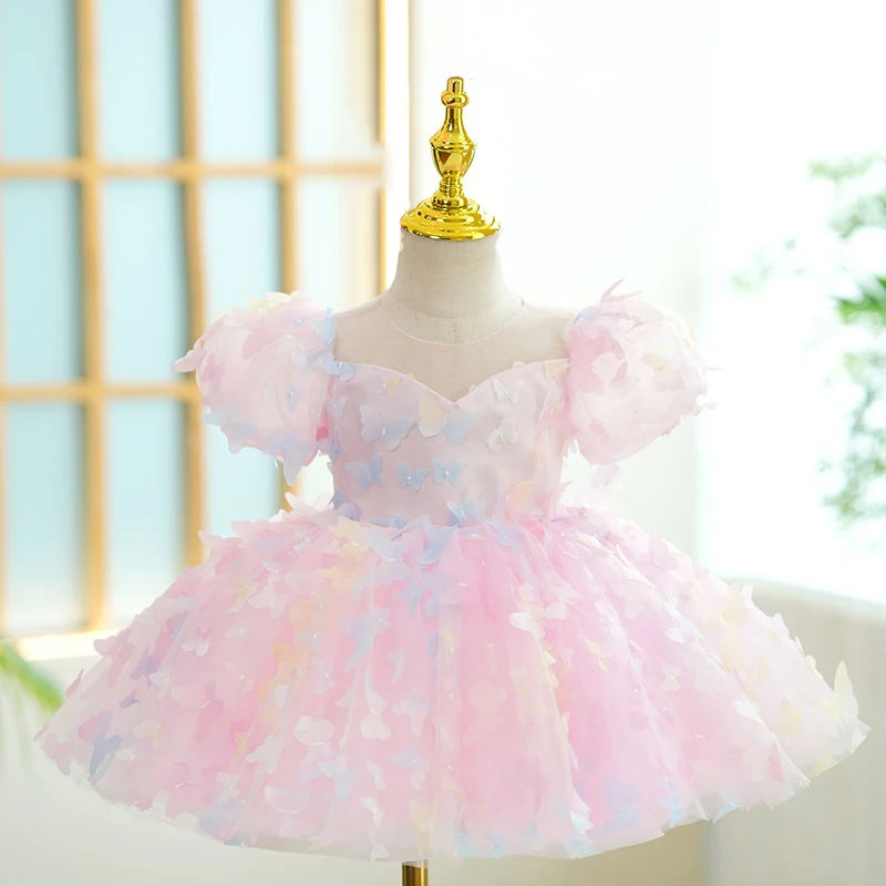 2024 Pink Butterfly Embroidery Princess Gown For Baby Girls Toddler 1st Birthday Party Dresses Infant Puff Sleeves Tutu Clothes