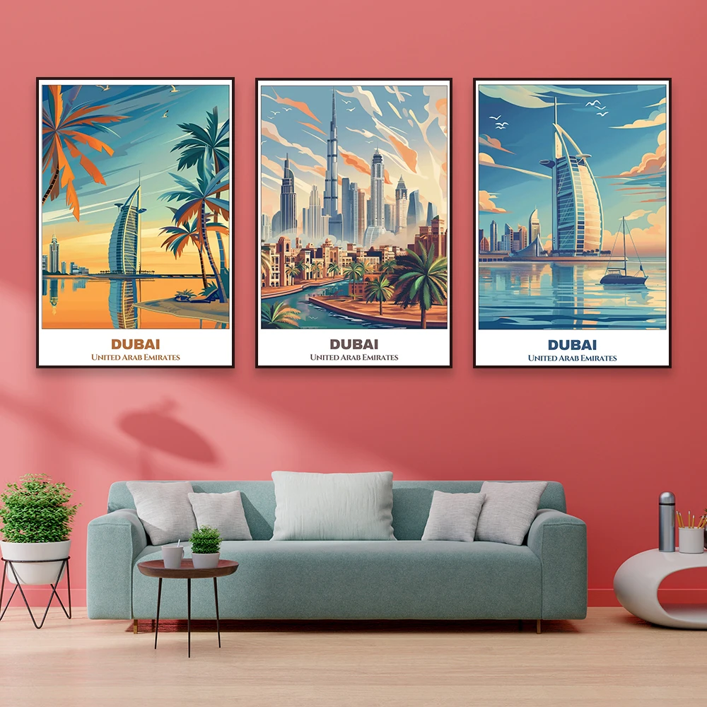 United Arab Emirates Dubai Travel Poster Vintage Cityscape Prints Colorful Landscape Canvas Painting Home Reading Room Decor