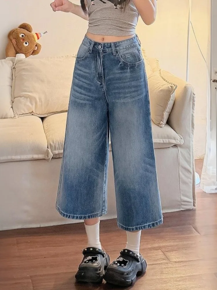 American Retro Seven-Foot Jeans Women's High Waist Slim Loose Short Straight Leg Casual Denim Pants Summer Wear for Ladies
