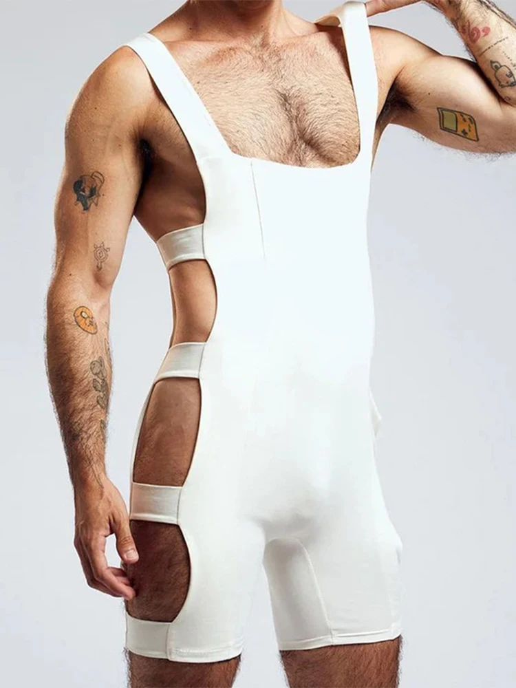 Summer Nightwear Mens Bodycon Bodysuits Sexy Slim Stretch Hollow Out Playsuits Men Party Fashion Sleeveless Solid Color Jumpsuit