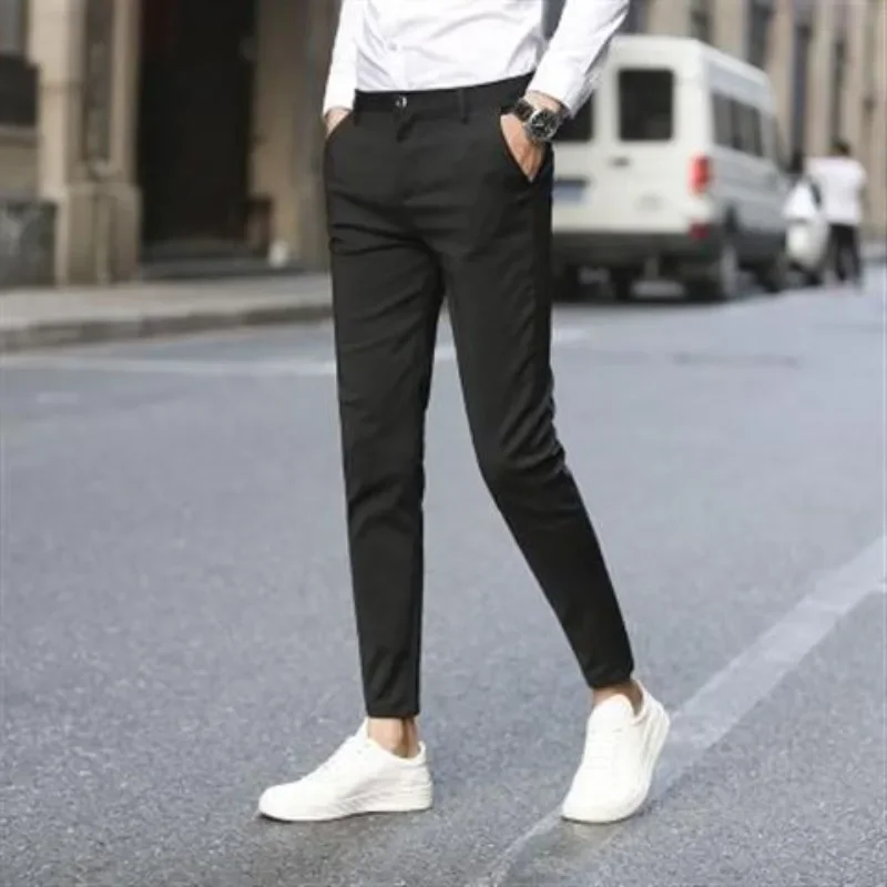 Stretch Slim Fit Social Tailoring Men\'s Summer PantsElastic 9 Cropped Business Tressed High Quality Slacks Male Suit Trousers