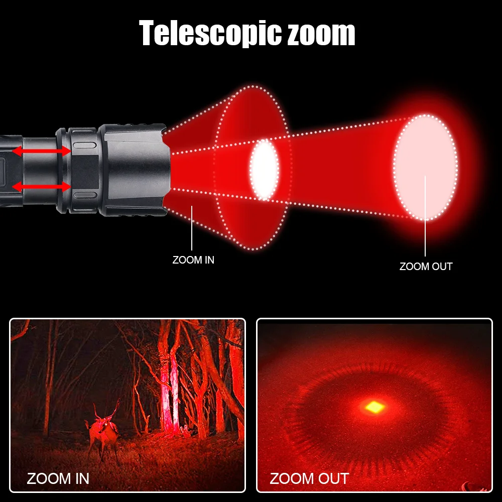 Red Flashlight Hunting Professional LED Zoomable Torch Tactical Rechargeable Lantern Night Scout Light+Press Switch+Clip+18650