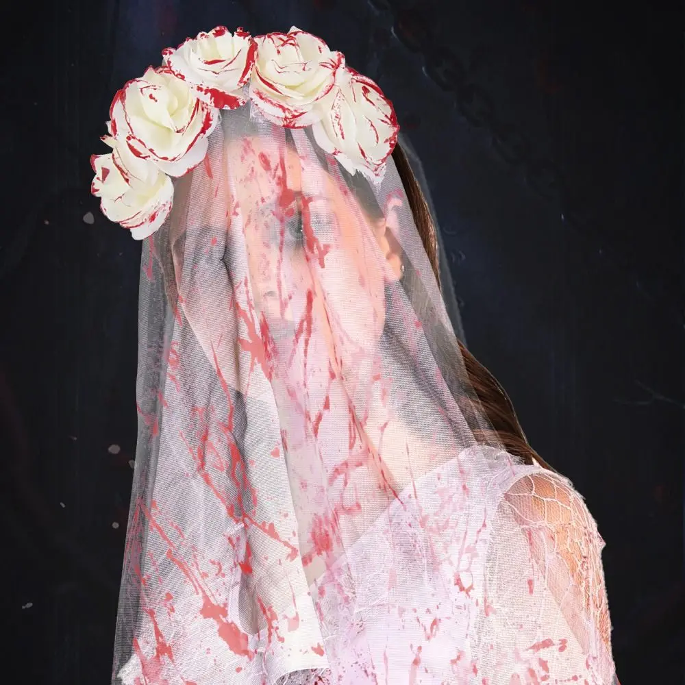 Fiore di rosa Copricapo da sposa di Halloween Fascia per sangue Cerchietto per capelli da donna Costume cosplay Maglia Set di maschere per capelli di Halloween per ragazze