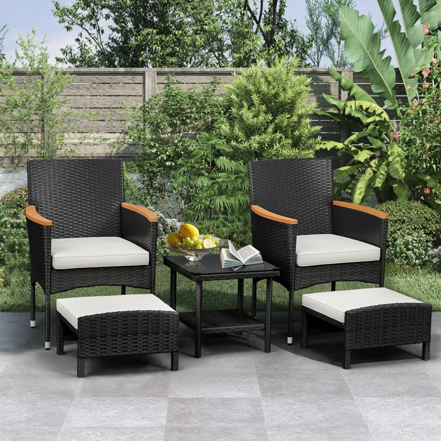 5 PCS Outdoor Patio Furniture Set with Table&Ottoman Outdoor Furniture Patio Set Bistro Wicker Patio Set (Black Wicker&White Cu-