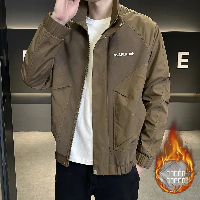 

Men's Thiened Cotton Jaet Autumn Winter Baseball Sle Casual Warm Workwear Zipper Closure Polyester Youth Faion