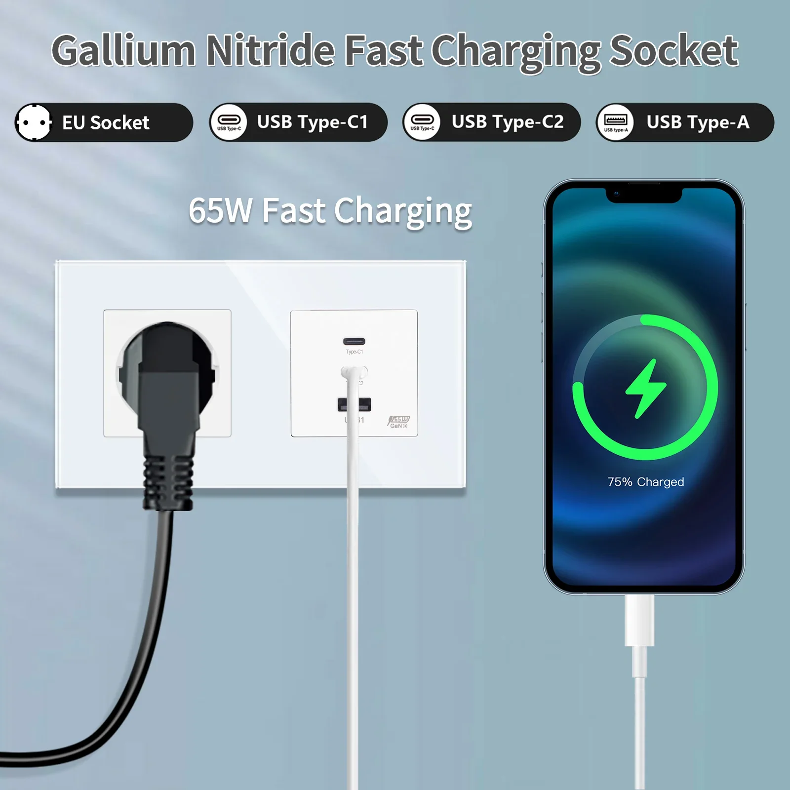 BINGOELEC الاتحاد الأوروبي مقبس الطاقة التلفزيون/CAT6 مخصص مع 65 واط شحن سريع للغاية USB/Type-c ميناء لوحة زجاجية مقبس الحائط 220 فولت التوصيل الآمن