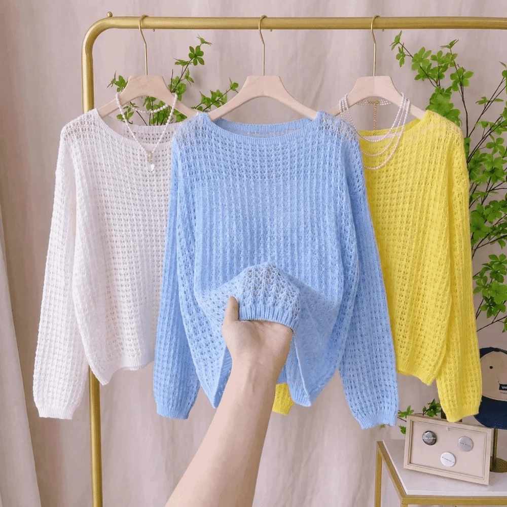 Thin Hollow Out Mesh Sweater Pullovers Long Sleeve O Neck Crochet Knit Sweater Lightweight Soft Knitwear Sweater Women Tops