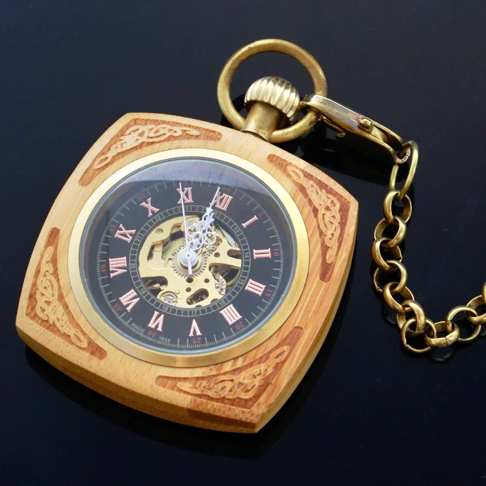 ساعة جيب هيكل عظمي ميكانيكية خشبية أرقام رومانية ساعات جيب خشبية مستطيلة مع سلسلة للرجال