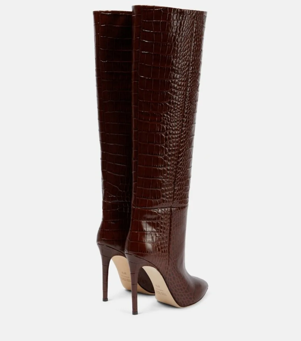 Sexy Women Boots Genuine Leather Pointy Toe Thin Heels Over The Knee Long Boots Big Size 46 Autumn Winter Zip Brown Party Shoes