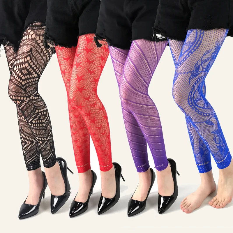 Women Sexy Tights High Waist Fishnet Footless Leggings Jacquard Flower Patterned Mesh Net Pantyhose Stocking Black Red Blue Tigh