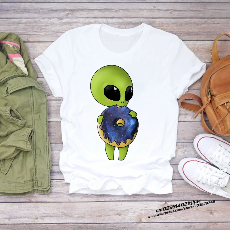 Women Cartoon Alien Space Printing Short Sleeve Clothing Summer Shirt T-shirts Top T Graphic Travel Ladies Womens Tee T-Shirt